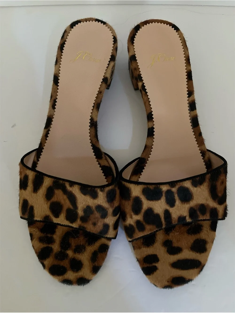 J Crew Florence Block Heel Mules Leopard Print Calf Hair Women’s Size 8.5